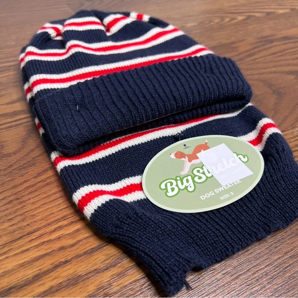 Beanie & matching dog sweater in a navy, red, and white striped pattern, small